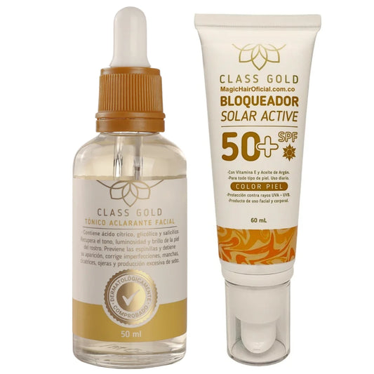 Kit Tónico Aclarante Facial 50 ML + Bloqueador Solar 50+ SPF Color Piel | Class Gold